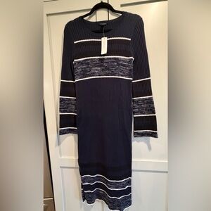 NWT - Ann Taylor Navy & White Marled Ribbed Midi Knit Dress - M